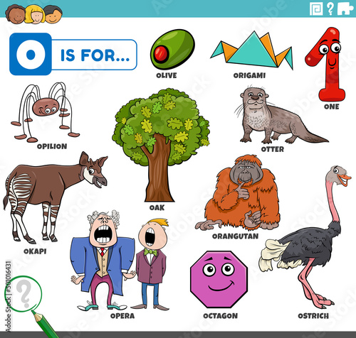letter o words educational set with cartoon characters