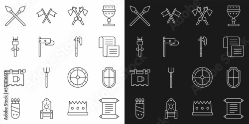 Set line Decree, parchment, scroll, Shield, Crossed medieval axes, Medieval flag, Torch flame, spears and icon. Vector
