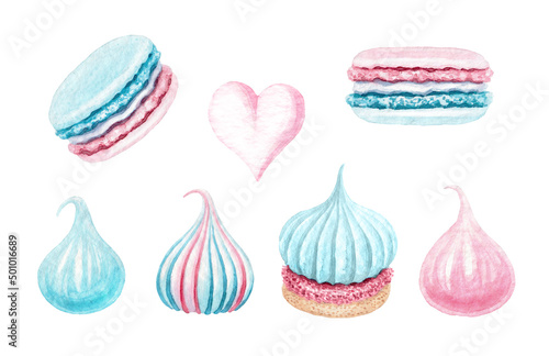 Set of watercolor macaroon and meringue illustration. Sweet desserts.