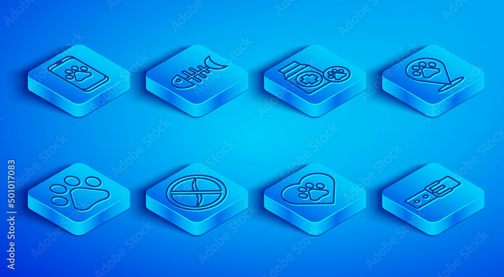 Set line Veterinary clinic, Fish skeleton, Bag of food, Anti worms parasite, Heart with animals footprint, Location veterinary, Paw and Collar name tag icon. Vector Set line Veterinary clinic, Fish skeleton, Bag of food, Anti worms parasite, Heart with animals footprint, Location veterinary, Paw and Collar name tag icon. Vector