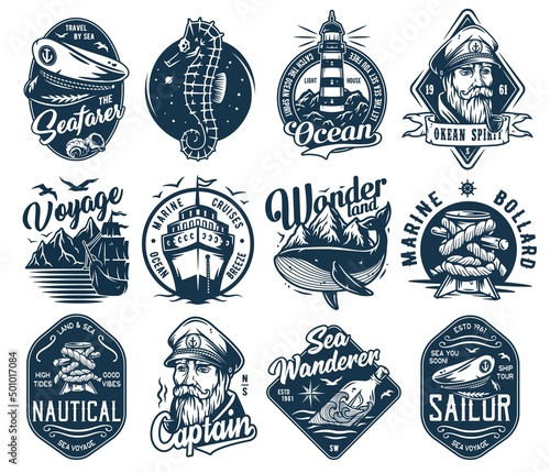 Nautical marine sailor prints, captain cap and bollard, sea ship wanderer, ocean spirit, seafarer walrus