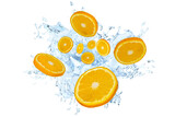 Collection of fresh Orange with splashing clear water on white background. Selective focus