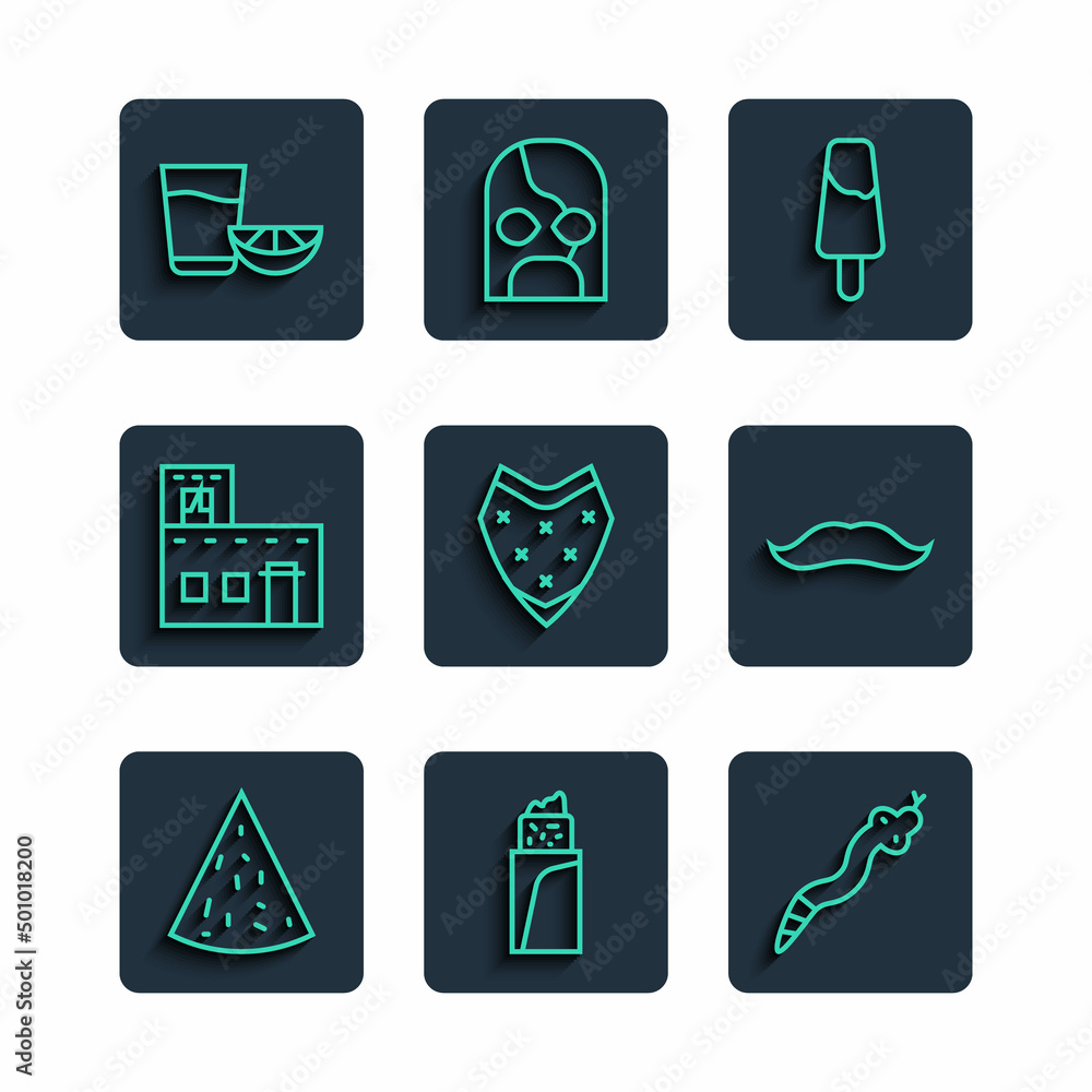 Set line Nachos, Burrito, Snake, Popsicle ice cream, Poncho, Mexican house, Tequila glass with lemon and Mustache icon. Vector Set line Nachos, Burrito, Snake, Popsicle ice cream, Poncho, Mexican house, Tequila glass with lemon and Mustache icon. Vector