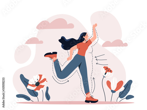Woman loosing weight. Active lifestyle and dance cardio training, fitness and muscle strengthening. Young girl next to outline silhouette of her body month ago. Cartoon flat vector illustration