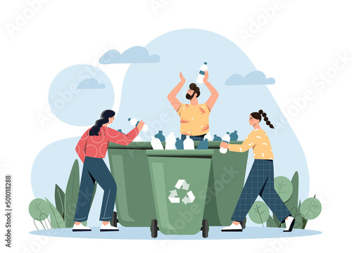 Plastic pollution problem. Yong men and girls put bottles in garbage containers. Volunteers and responsible society. Motivational poster or banner for website. Cartoon flat vector illustration