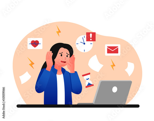 Busy woman at work. Young girl in panic and stress in front of laptop, an overworked employee, fatigue and emotional burnout. Manager trying to meet deadline. Cartoon flat vector illustration