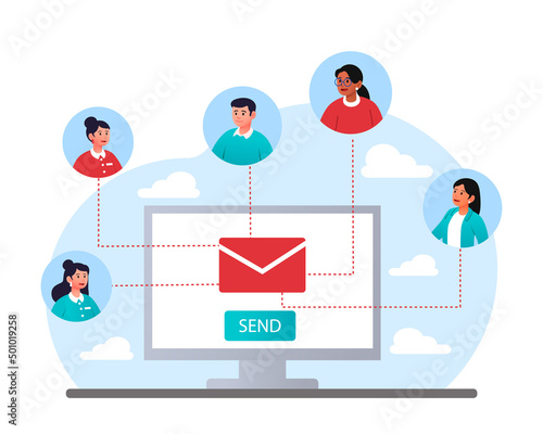 Communication on email. Avatars of men and girls on computer modern technology and digital world. Board meeting, remote employees share files, business mailing. Cartoon flat vector illustration