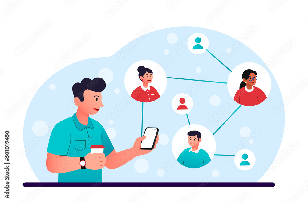 Man with smartphone. Social networks, instant messengers and communication on Internet, digital technologies. Remote worker communicates with colleagues online. Cartoon flat vector illustration Man with smartphone. Social networks, instant messengers and communication on Internet, digital technologies. Remote worker communicates with colleagues online. Cartoon flat vector illustration
