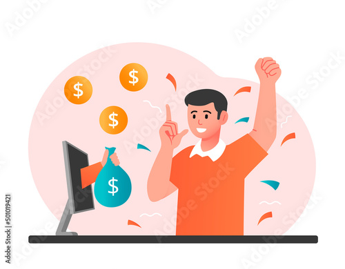 Man win money. Hand with bag of cash sticks out of monitor screen. Lucky character, lottery metaphor and successful young guy, earning online, passive income. Cartoon flat vector illustration