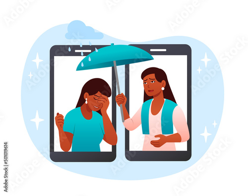 Concept of support. Woman holds out umbrella to her friend in rain. Mental problems, depression and frustration. Sad young girl crying, problems, care and love. Cartoon flat vector illustration