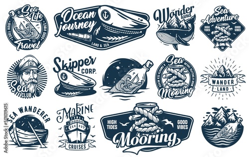 Nautical marine emblems, sea boat, ocean captain cap and ship, voyage and marine cruises