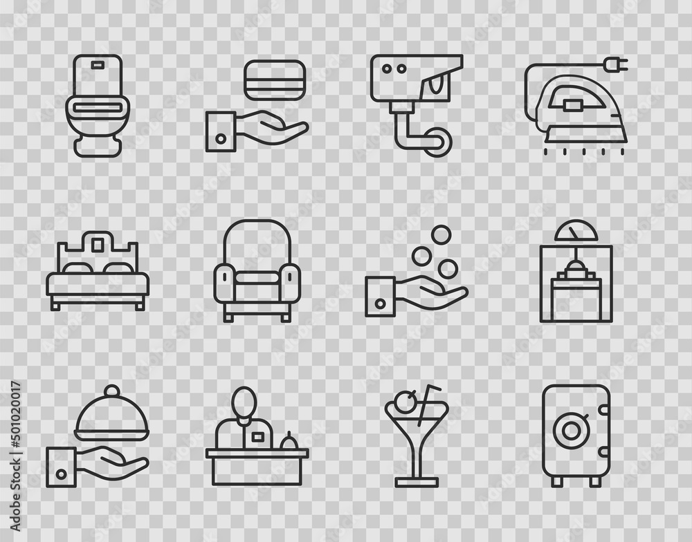 Set line Covered with tray, Safe, Security camera, Hotel reception desk, Toilet bowl, Armchair, Martini glass and Lift icon. Vector Set line Covered with tray, Safe, Security camera, Hotel reception desk, Toilet bowl, Armchair, Martini glass and Lift icon. Vector
