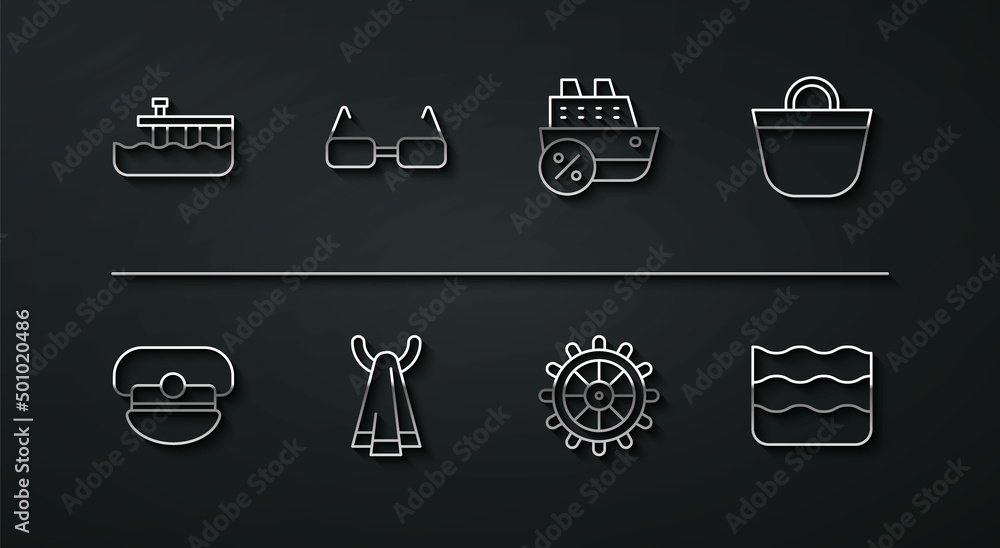 Set line Beach pier dock, Captain hat, bag, Ship steering wheel, Towel on hanger, Glasses, Wave and Cruise ship icon. Vector Set line Beach pier dock, Captain hat, bag, Ship steering wheel, Towel on hanger, Glasses, Wave and Cruise ship icon. Vector