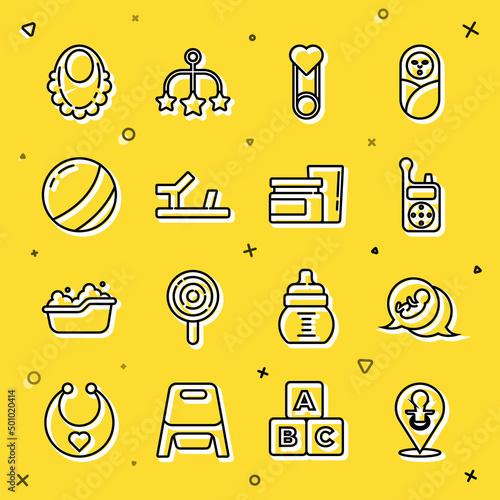 Set line Baby dummy pacifier, Monitor Walkie Talkie, clothes pin, shoes, Beach ball, bib and food icon. Vector