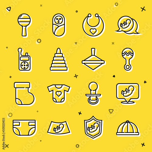 Set line Baby hat, Rattle baby toy, bib, Pyramid, Monitor Walkie Talkie, and Whirligig icon. Vector