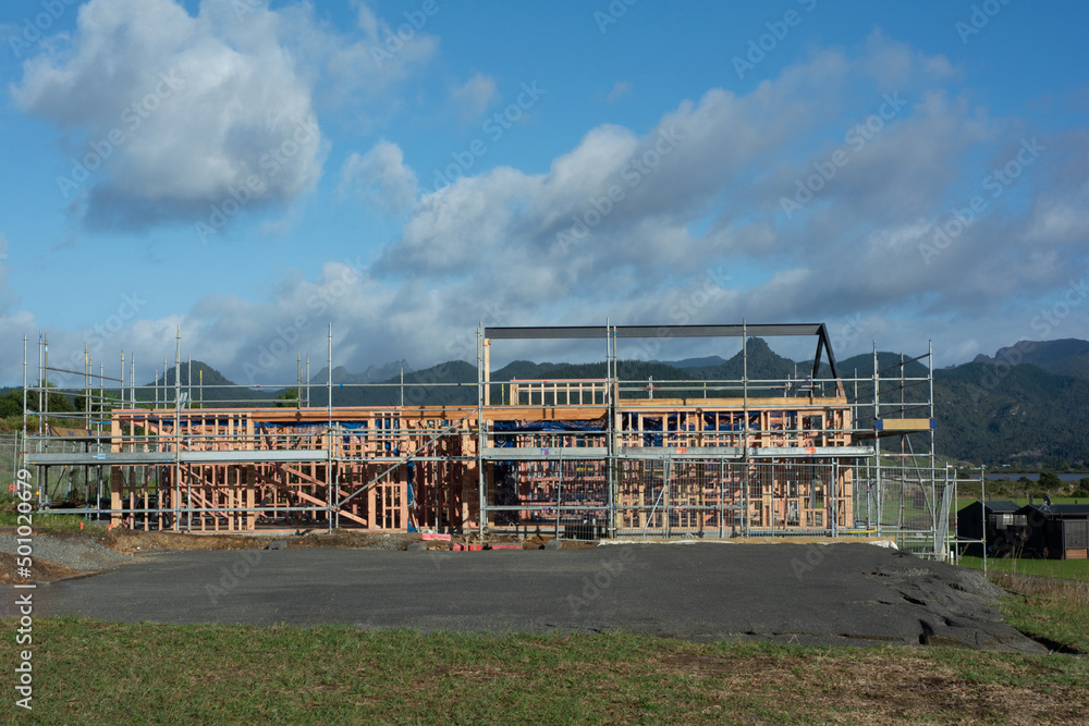 Wooden house under construction in New Zealand