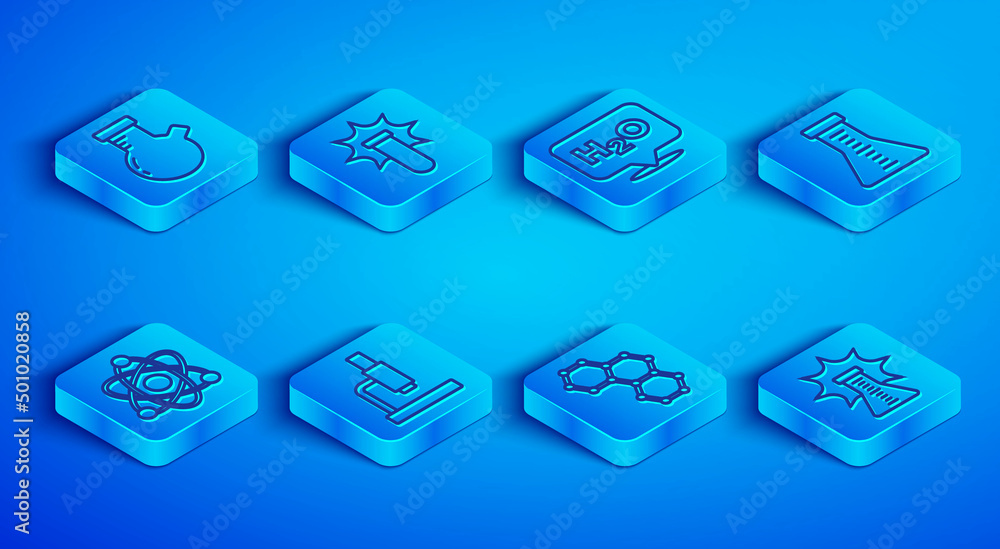Set line Test tube and flask, Chemical explosion, formula for H2O, Microscope, Atom and icon. Vector Set line Test tube and flask, Chemical explosion, formula for H2O, Microscope, Atom and icon. Vector