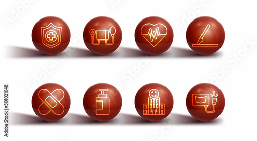 Set line Life insurance in hand, Crossed bandage plaster, Medical surgery scalpel, hospital building, Hand sanitizer bottle, Blood pressure, Ultrasound and Heart rate icon. Vector