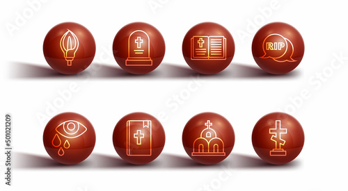 Set line Lily flower, Tear cry eye, Speech bubble rip death, Church building, Holy bible book, Grave with tombstone, cross and icon. Vector