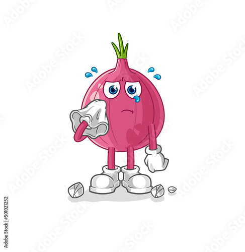 red onion cry with a tissue. cartoon mascot vector