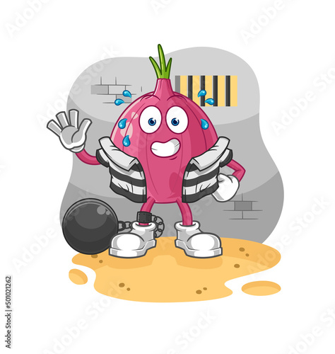 red onion criminal in jail. cartoon character