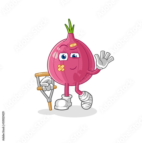 red onion sick with limping stick. cartoon mascot vector