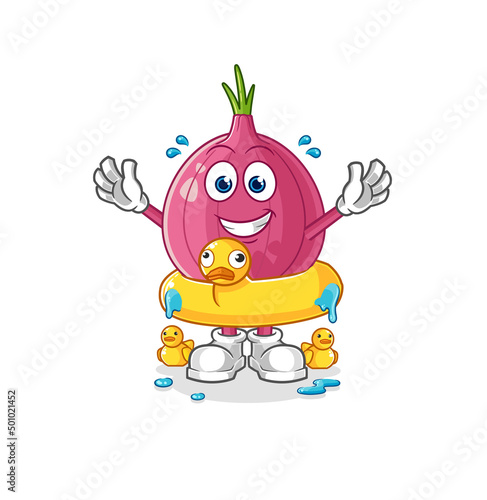 red onion with duck buoy cartoon. cartoon mascot vector