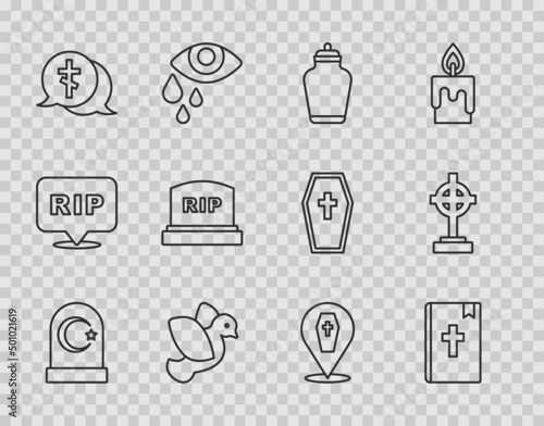 Set line Muslim cemetery, Holy bible book, Funeral urn, Dove, Grave with cross, Tombstone RIP written, Coffin and icon. Vector