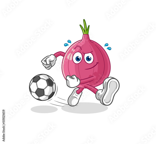 red onion kicking the ball cartoon. cartoon mascot vector