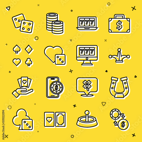 Set line Casino chips exchange on money, Horseshoe, Joker playing card, Online slot machine with jackpot, Game dice, Deck of cards, and icon. Vector