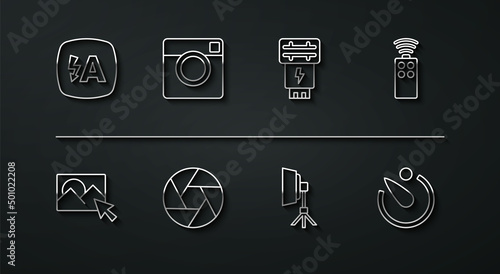 Set line Auto flash, Photo retouching, Remote control for camera, Softbox light, Camera shutter, timer and icon. Vector