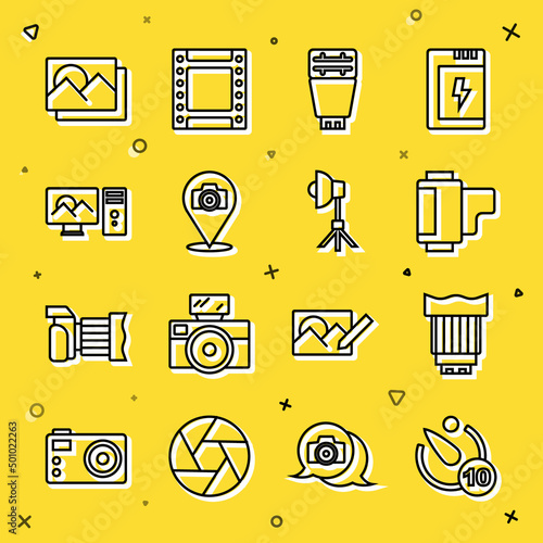 Set line Camera timer, photo lens, roll cartridge, Photo camera flash, retouching, frame and Softbox light icon. Vector