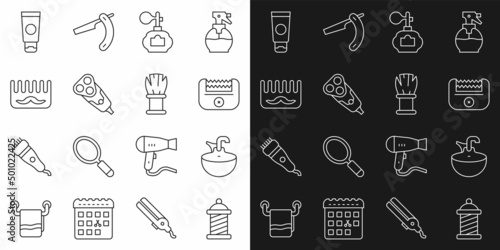 Set line Barber shop pole, Washbasin, Electrical hair clipper, Aftershave, razor blade, Hairbrush, Cream cosmetic tube and Shaving icon. Vector
