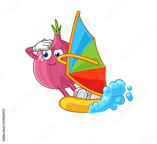 red onion windsurfing character. mascot vector