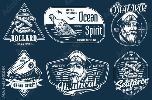 Nautical marine sailor prints, captain and bollard, sea wanderer, ocean spirit, seafarer emblems