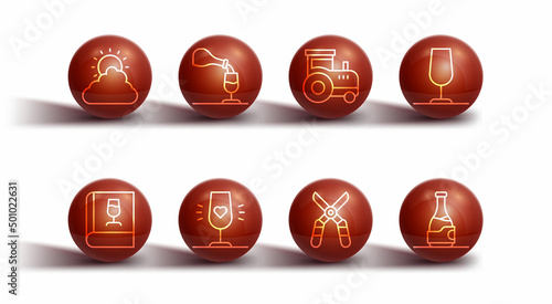 Set line Sun and cloud weather, Book about wine, Wine glass, Gardening scissors, tasting, degustation, Bottle of and Tractor icon. Vector
