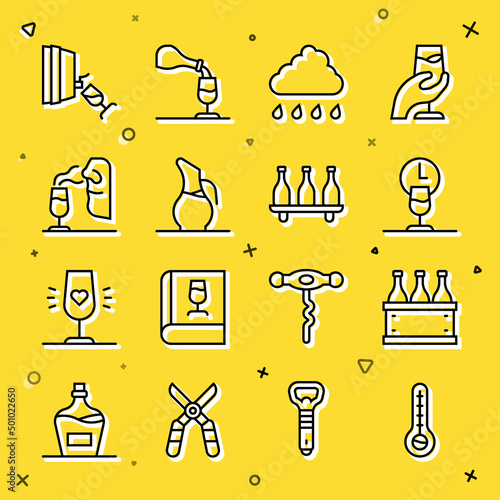 Set line Meteorology thermometer, Bottles of wine in box, Wine time, Cloud with rain, Decanter for, Sommelier, tasting, degustation and icon. Vector
