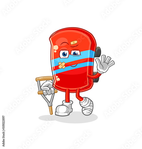 skateboard sick with limping stick. cartoon mascot vector