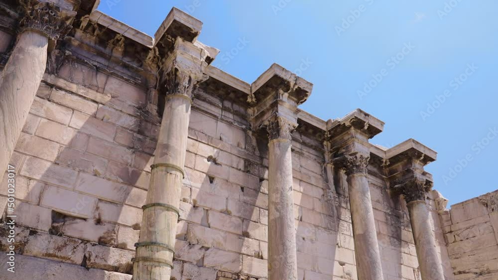 Tracking the Hadrian's Library exterior colonnade near Monastiraki, Athens, Greece Tracking the Hadrian's Library exterior colonnade near Monastiraki, Athens, Greece