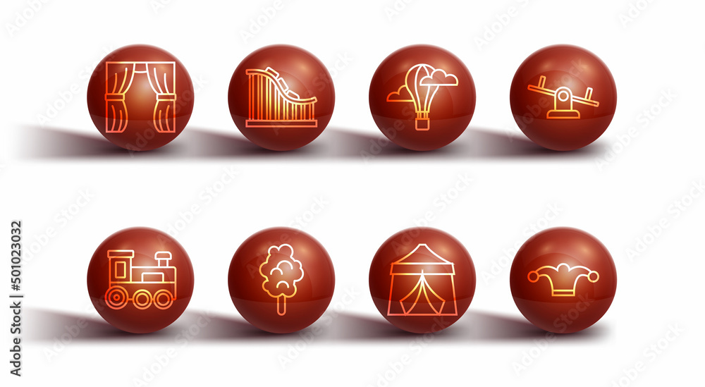 Set line Circus curtain raises, Toy train, Seesaw, tent, Cotton candy, Roller coaster, Jester hat with bells and Hot air balloon icon. Vector Set line Circus curtain raises, Toy train, Seesaw, tent, Cotton candy, Roller coaster, Jester hat with bells and Hot air balloon icon. Vector