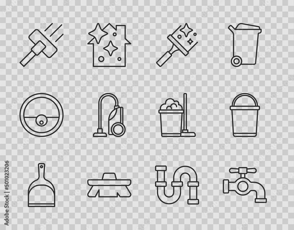 Set line Dustpan, Water tap, Rubber cleaner for windows, Brush cleaning, Vacuum, Industry metallic pipe and Bucket icon. Vector Set line Dustpan, Water tap, Rubber cleaner for windows, Brush cleaning, Vacuum, Industry metallic pipe and Bucket icon. Vector