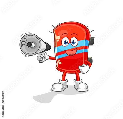 skateboard holding hand loudspeakers vector. cartoon character
