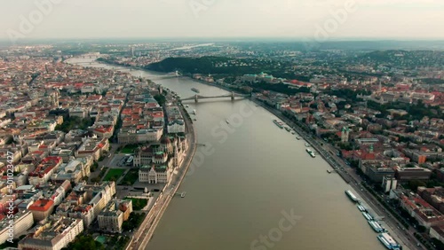 Wallpaper Mural Establishing Aerial view of Budapest Cityscape - Hungary Capital Skyline at daytime with Hungarian Parliament and Danube river. Travel and Tourism in Europe. 4K zoom in panoramic shot Torontodigital.ca