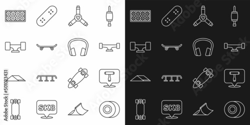 Set line Skateboard wheel, T tool, Y-tool, and Headphones icon. Vector