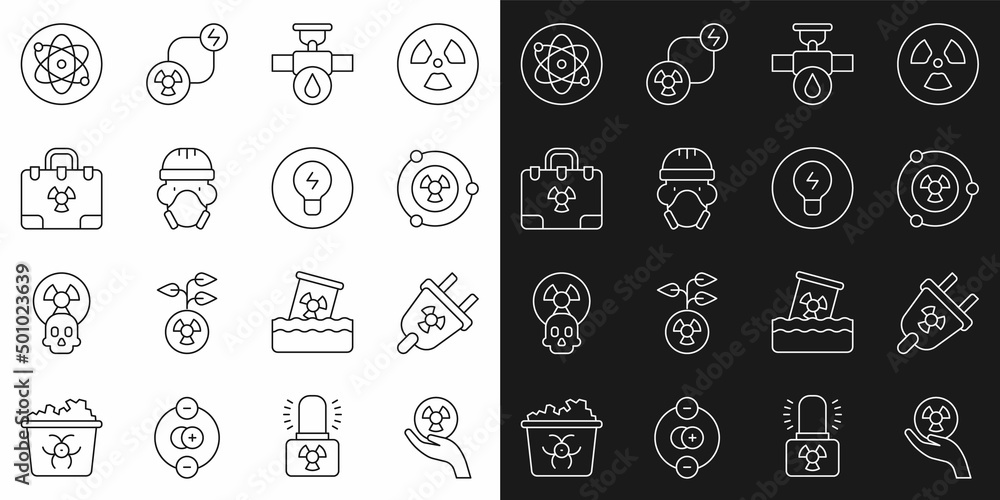 Set line Radioactive, Radiation electrical plug, Industry pipe and valve, Nuclear reactor worker, nuclear suitcase, Atom and Light bulb with concept of idea icon. Vector
