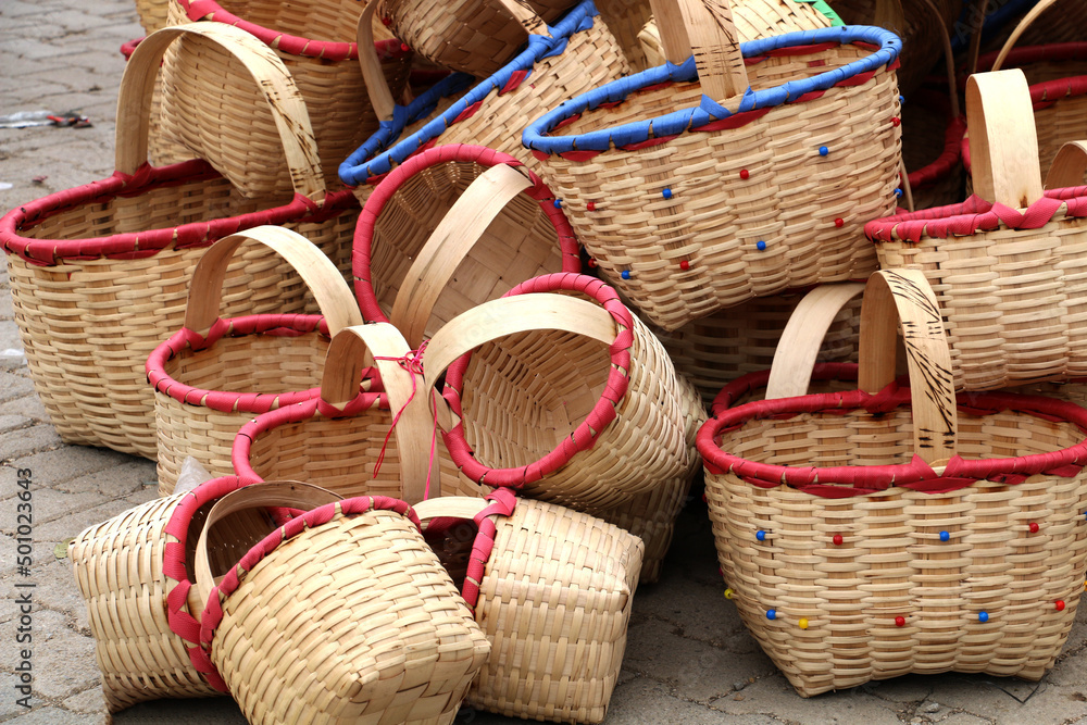 selective focus: colorful knitted basket produced by villagers in Turkey selective focus: colorful knitted basket produced by villagers in Turkey