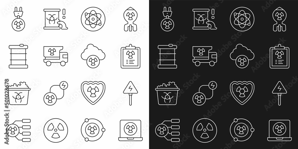 Set line Nuclear laptop, High voltage sign, Radiation warning document, Atom, Truck with radiation materials, Radioactive waste barrel, electrical plug and Acid rain and radioactive cloud icon. Vector