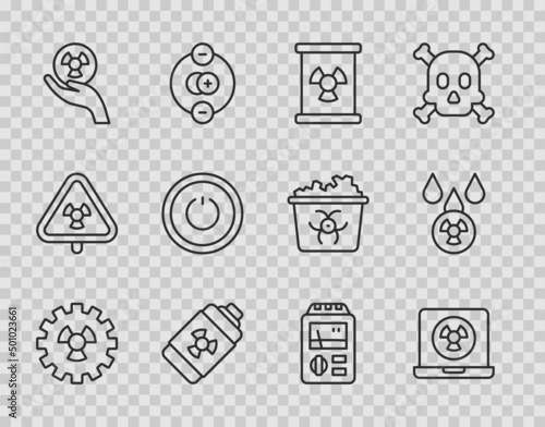 Set line Radioactive, Nuclear laptop, waste in barrel, energy battery, Power button, Dosimeter and Acid rain and radioactive cloud icon. Vector