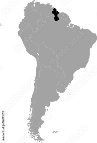 Black Map of Guyana within the gray map of South American continent