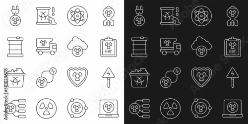 Set line Nuclear laptop, High voltage sign, Radiation warning document, Atom, Truck with radiation materials, Radioactive waste barrel, electrical plug and Acid rain and radioactive cloud icon. Vector